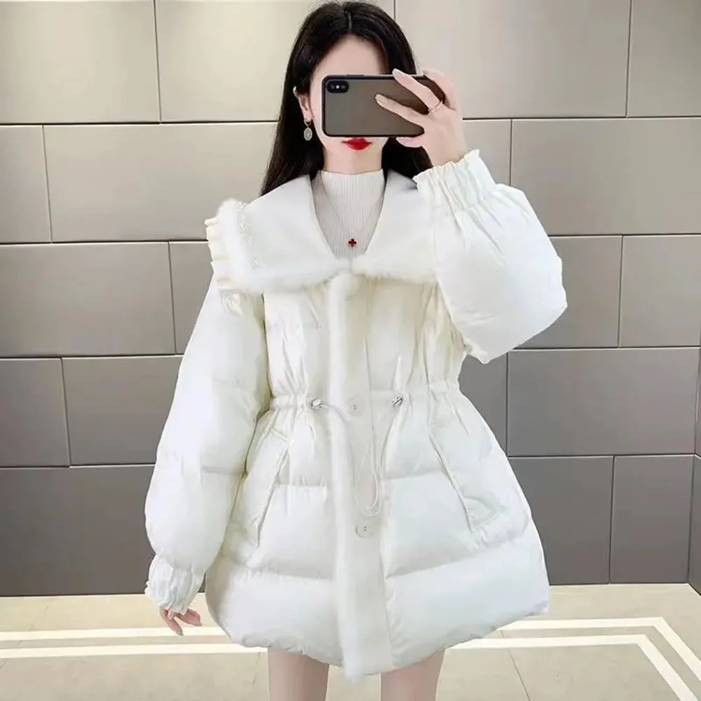 Korean Style Sweet Women\'s Cotton Jacket Ruffle Lapel Single-breasted Pockets Warm Drawstring Female Coats Autumn Winter 2023New