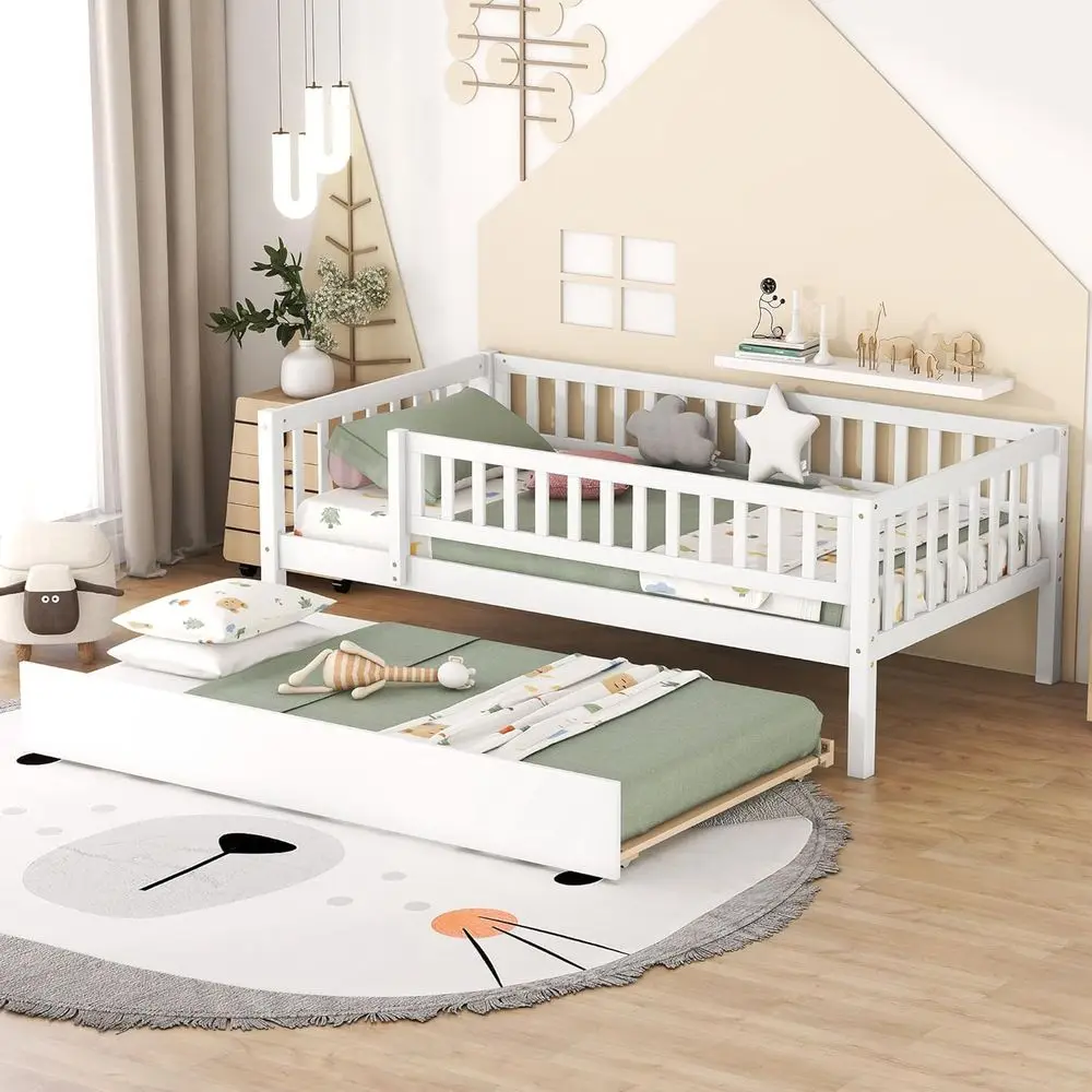 

Twin Size Daybed with Trundle, Wooden Kids Platform Bed with Rails, No Box Spring Needed, Easy Assembly, White