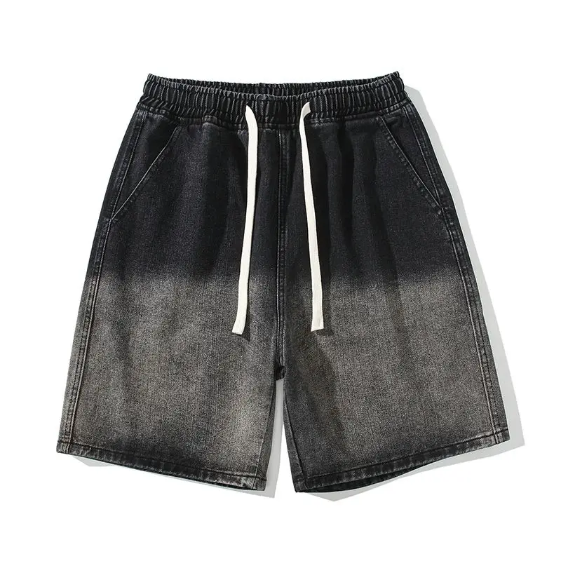 

Summer Loose Men's Denim Shorts Gradient Design Youth Wide-leg Short Jeans Streetwear Retro Fashion Korean Clothes