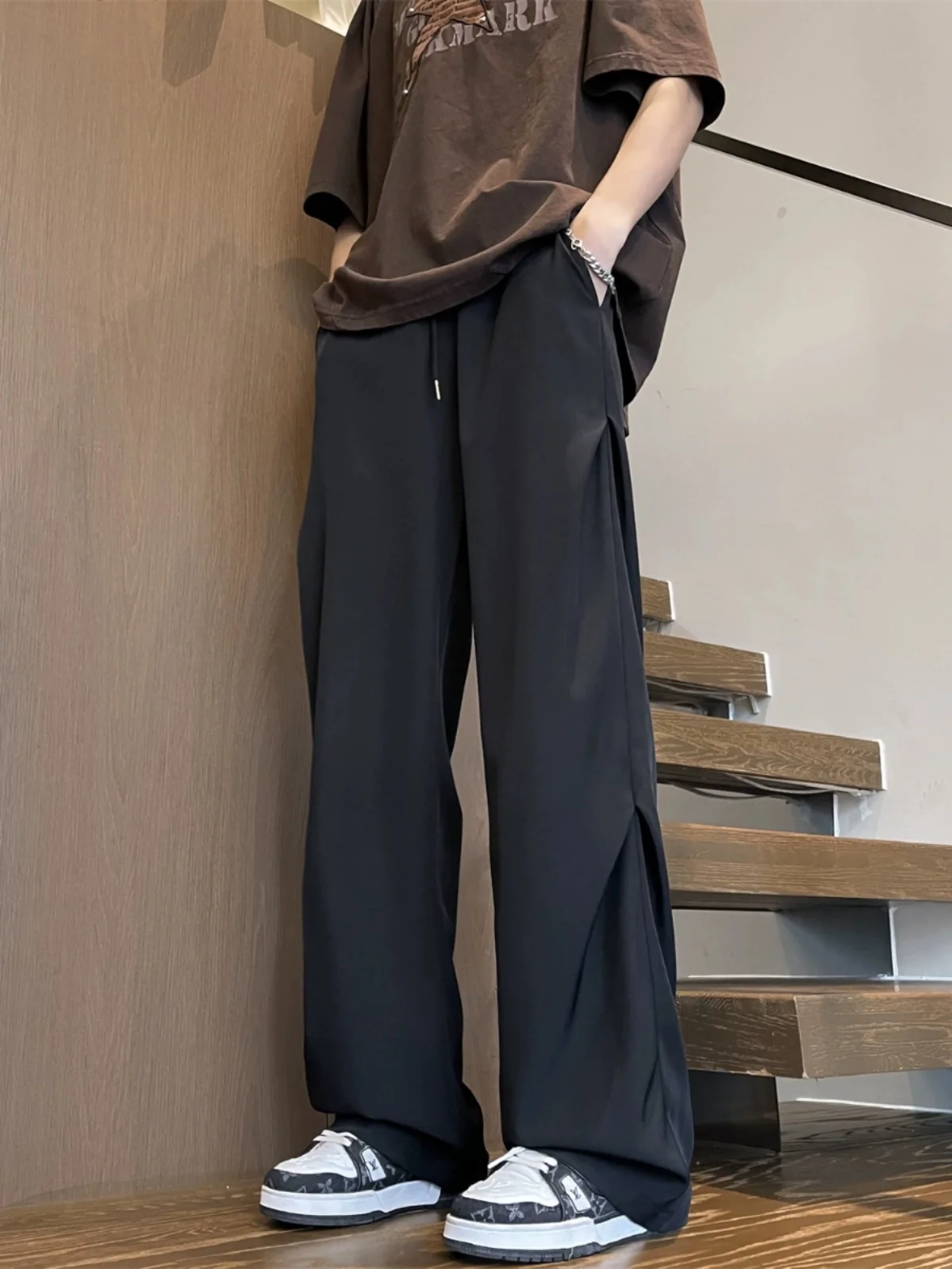 

Мужские летние тонкие прямые брюки Cool Sensation Ice Silk с широкими штанинами, повседневные, в стиле High Street, ретро, американские, длинные