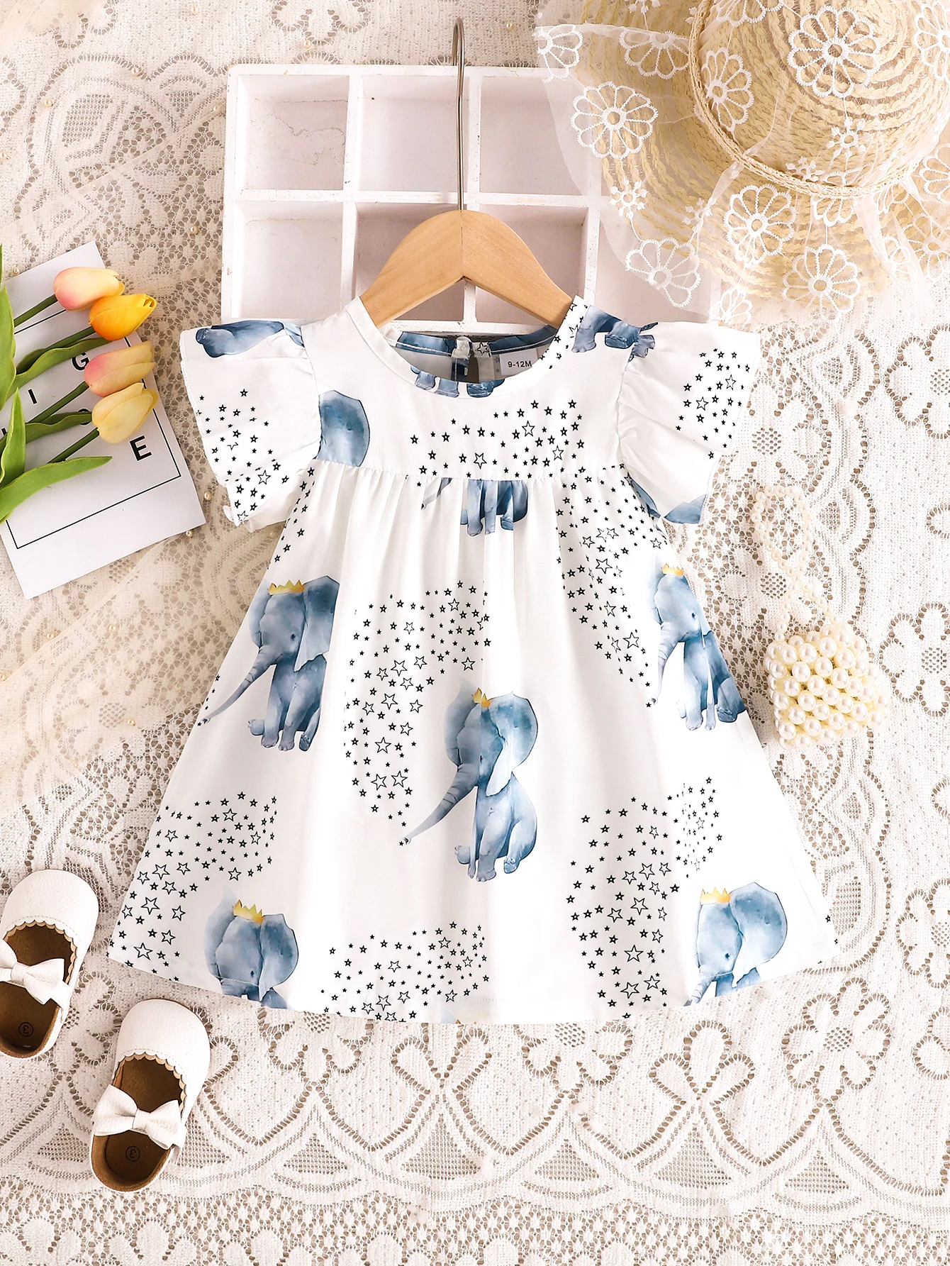 2024 Summer Outfit For Baby Girls:Casual Elephant Print Fly Sleeve Dress Infant Newborn Fahion Clothes 0-36M