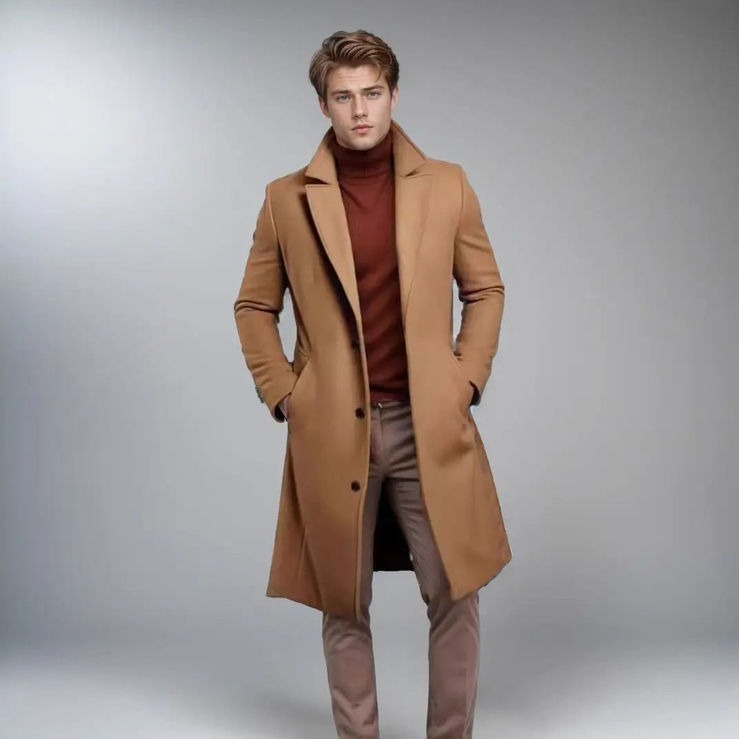 

Men's Mid-Length Woolen Coat 2024 Spring Fashion Urban Style Tailored Suit Collar Commute Friendly Long Buttoned PU Youth Out...