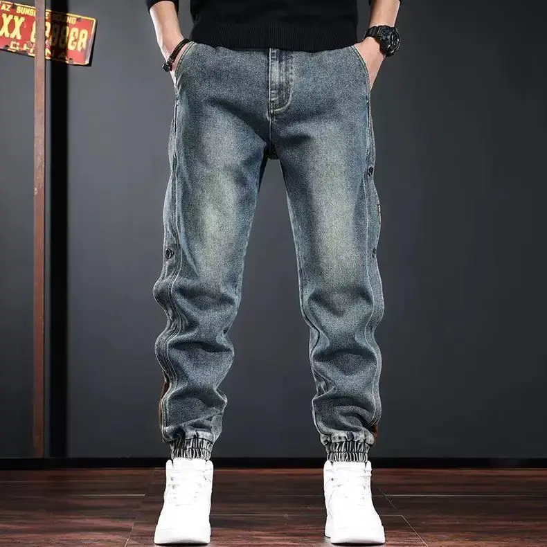 Korean Popular Clothes Men's High Street Splicing Loose Wear-resistant Trousers Trendy Tooling Tied Feet Harlan Trousers Man