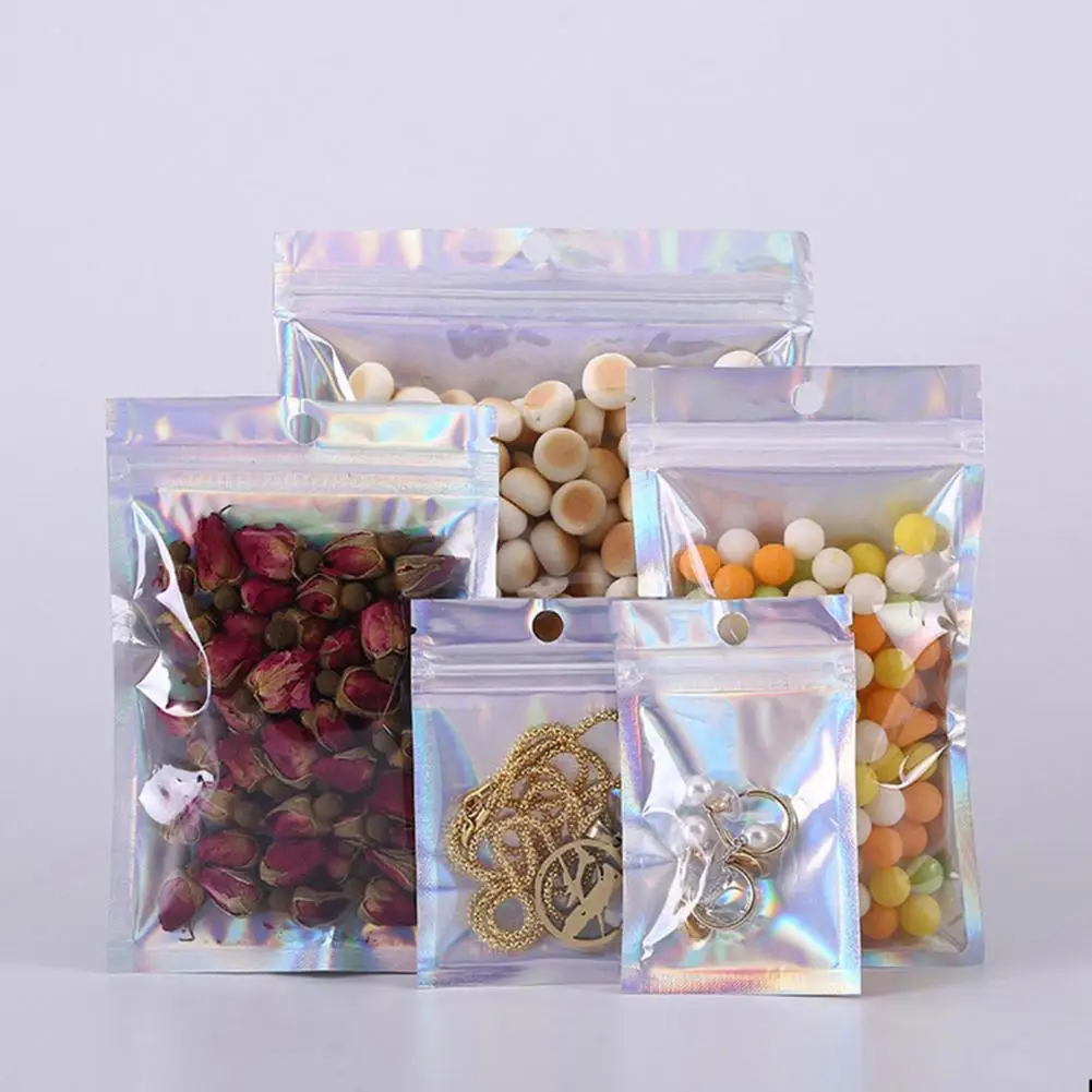 

100Pcs/Set Translucent Mylar Bags Zipper Pouch Resealable Anti-Moisture 3 Sizes Resealable Holographic Bags Kitchen Storage Bag