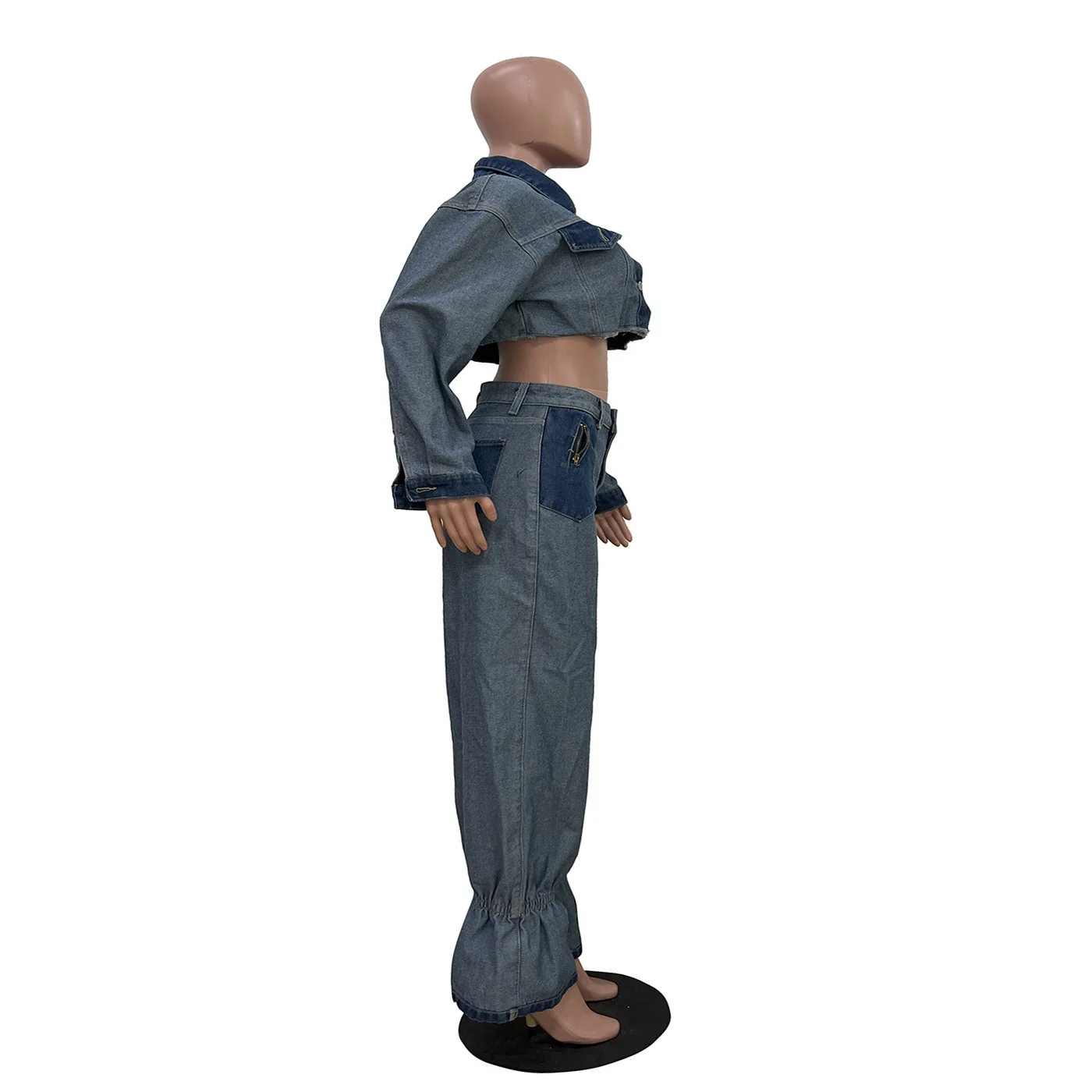 Women Set Winter Fashion Splice Denim Crop Jacket And High Waist Binding Leg Jeans Pants Casual Two-Piece Set Women Jacket Set