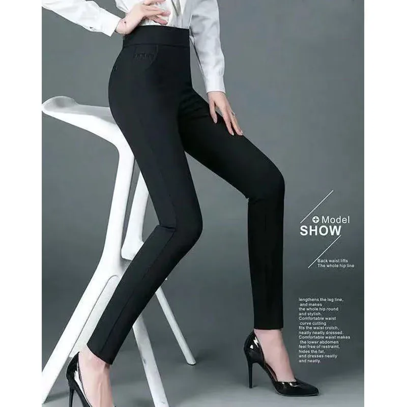 Pantalones de tubo ajustados para mujer, Pantalón recto de cintura alta con bolsillos elásticos, color liso, elegante, informal, a la moda, primavera y otoño, 2022