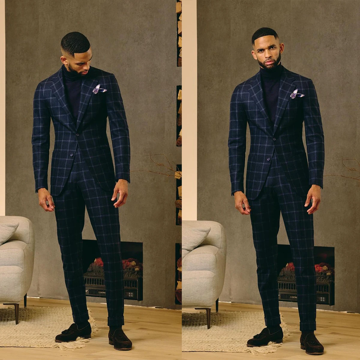 

Navy Plaid Men Suit Tailor-Made 2 Pieces Blazer Pants Single Breasted Wide Lapel Tuxedos Business Wedding Groom Prom Tailored