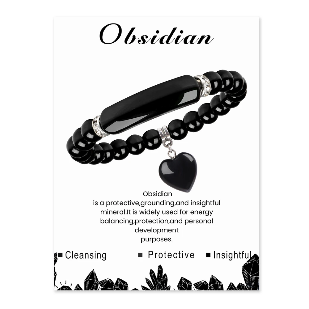 Natural Stone Black Obsidian Bracelet Round Healing Amethysts Rose Quartzs Beads Heart Pendant Bracelet for Women Men Jewelry