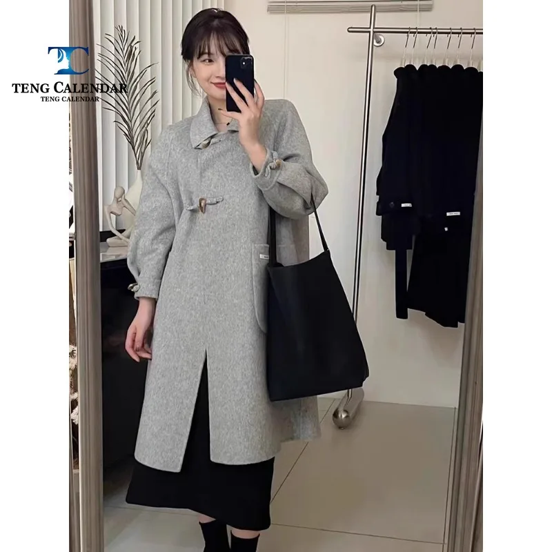 Women's Winter Woolen Coat, Long Hair Cowhide Button, Medium Length, Knee Length, Thickened, Double-Sided Cashmere Coat, New, 20