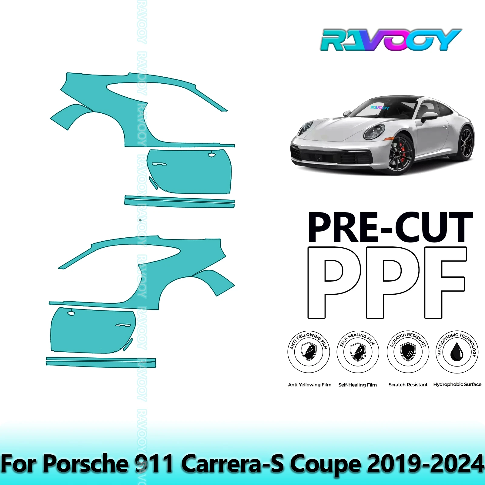 

For Porsche 911 Carrera-S Coupe 2019-2024 8.5mil Clear Matte Pre-Cut PPF Door & A/B Pillar Kit TPU Paint Protection Film Set