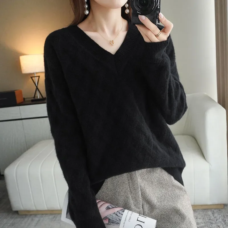 

Свитер с v-образным вырезом, женский осенне-зимний пуловер с длинными рукавами, свободный однотонный жаккардовый тонкий универсальный вязаный топ