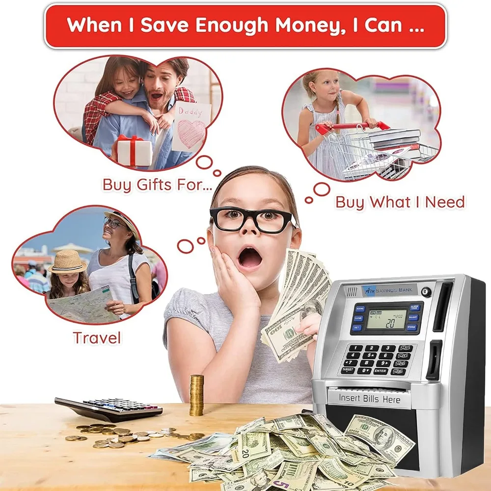 Tirelire ATM interactive pour enfants avec voix, mangeoire automatique d'argent, protection par mot de passe pour l'éducation d'épargne