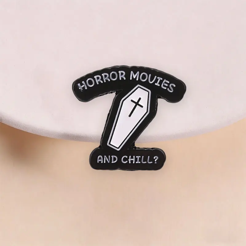 Horror Movies And Chill Enamel Pin Gothic Coffin Cross Memento Mori Skull Halloween Brooch Lapel Badge Jewelry Gift for Friends