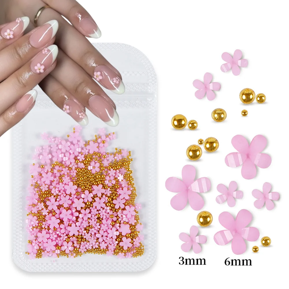 1 حقيبة-200 قطعة ثلاثية الأبعاد الوردي والأبيض زهرة الأكريليك مسمار السحر مع الخرز/اللؤلؤ مسمار الفن زينة الراتنج خمسة بتلات الأزهار مسمار أجزاء