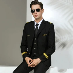 Men's 2 Lines Airline Pilot Suit Jackets Uniforms Hair Stylist Black Suit Coat Workwear Big Size Male