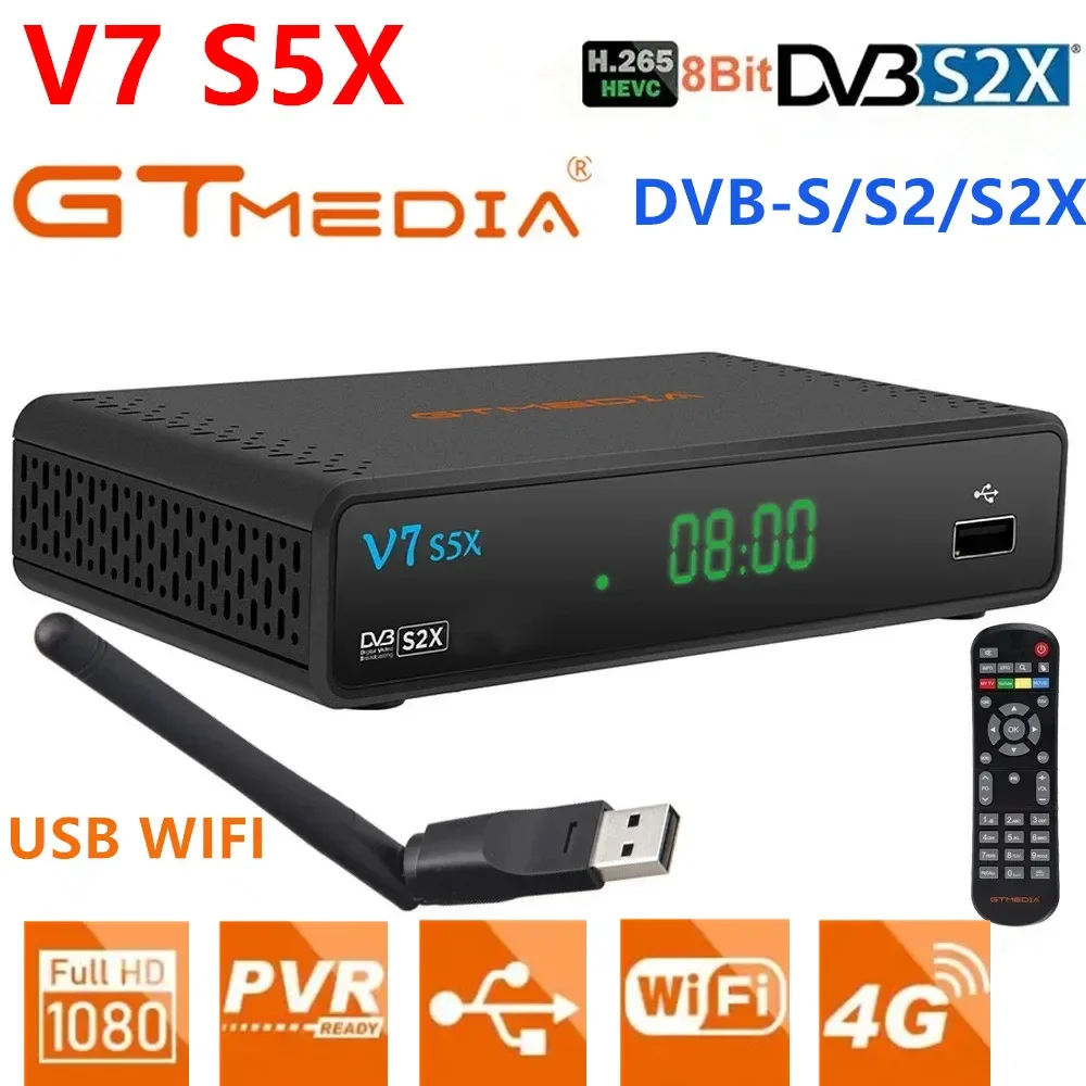 

GTMEDIA Satellite TV Receiver V7 S5X Support DVB-S/S2/S2X H .265(8bit) Mgcamd CS IKS Biss Key Dongle PK HD 1080P With USB Wifi