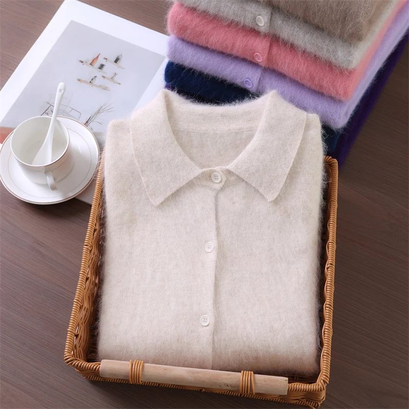 ผู้หญิง Mink CASHMERE เสื้อกันหนาว Turn-Down COLLAR ปุ่มเสื้อสเวตเตอร์ถักฤดูใบไม้ร่วงฤดูหนาวนุ่มเสื้อผ้าที่อบอุ่น 100% Mink CASHMERE เสื้อถักเสื้อ