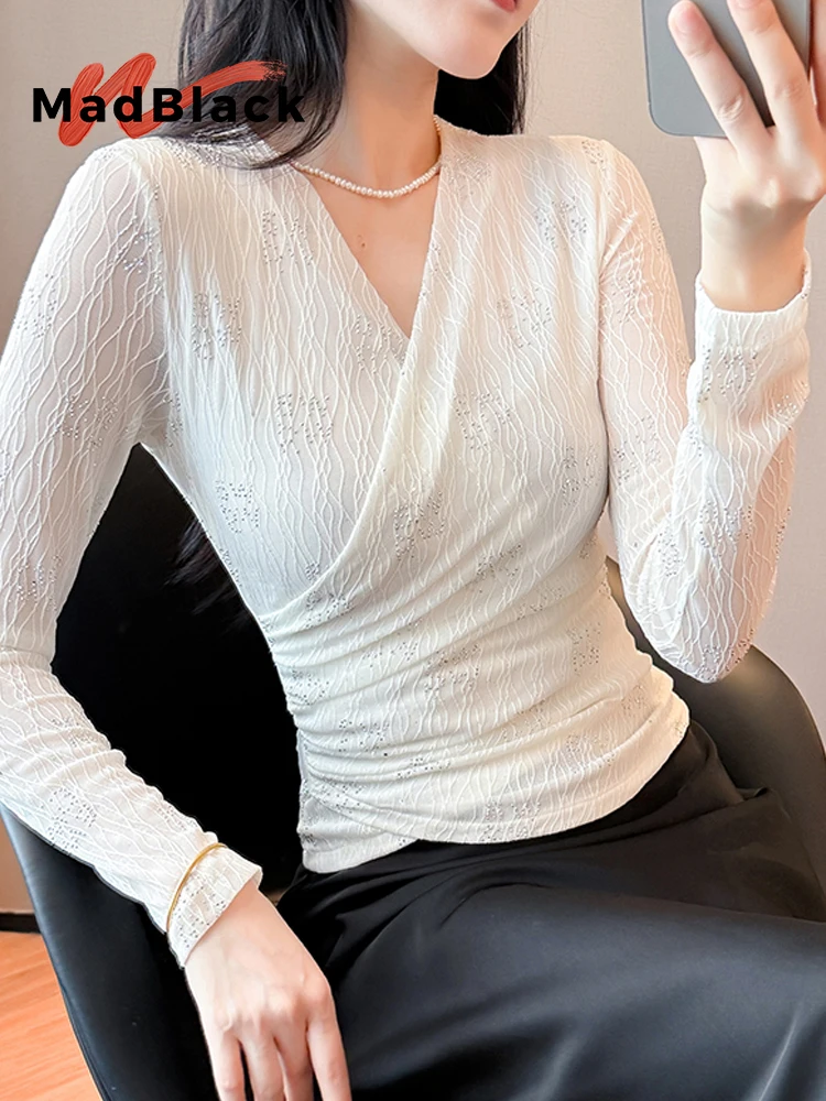 

MadBlack-Women European T-Shirt, Sexy V Neck Hot Diamond, Streetwear Long Sleeve Slim Mesh S-3XL Tee, 2025 Autumn New T59403CC