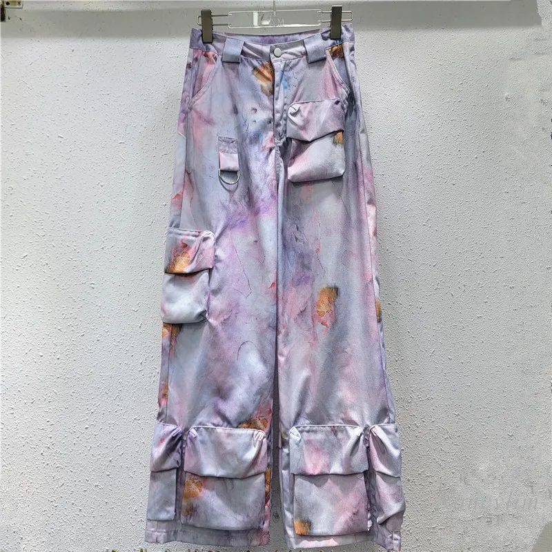

Tie-Dyed Overalls Design Sense Niche Pants Women 2024 New Casual All-Match Wide Leg Pants Temperament Long Loose Trousers Fall