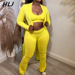 HLJ Casual Solid Bodycon 3 Piece Sets Outfit Women Slim Crop Tops And High Waist Flare Pants Long Sleeves Coats Tracksuits 2024