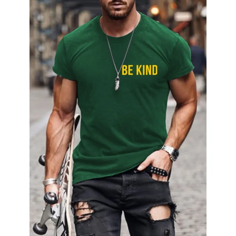 ilstile Men's Be Kind Letter Print T-Shirts Summer Short Sleeve Casual T Shirt Round Neck Tops Tees Black Green Hot Sale