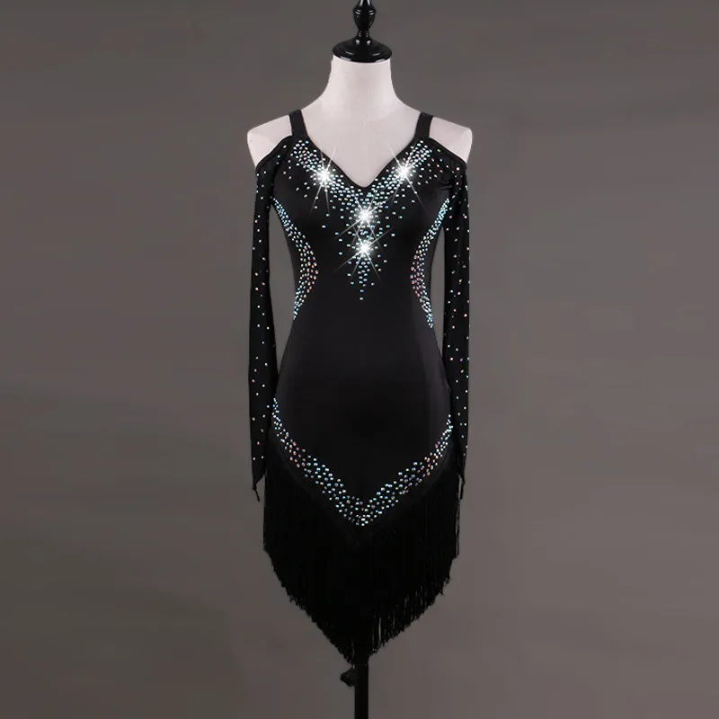 Off Shoulder Strap V Neck Long Sleeve Rhinestone Triangle Fringe Dance Dress For Latin Dance Competition Stage Performance