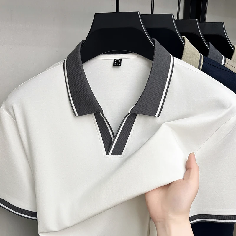 Personality color blocked short sleeve men's polo shirt luxury new style casual breathable comfort summer fashion V-neck T-shirt