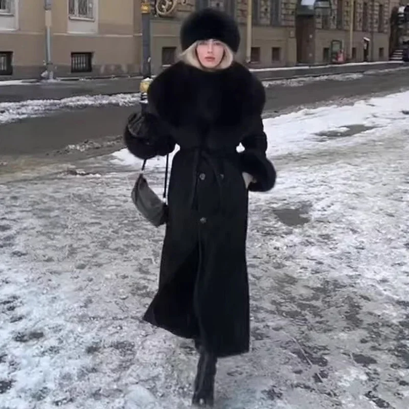 أسود فو الفراء معطف الصوف المرأة الدافئة الكشمير معطف طويل شيك حزام كم كامل زر الإناث أبلى الخريف الشتاء معاطف للسيدات #1