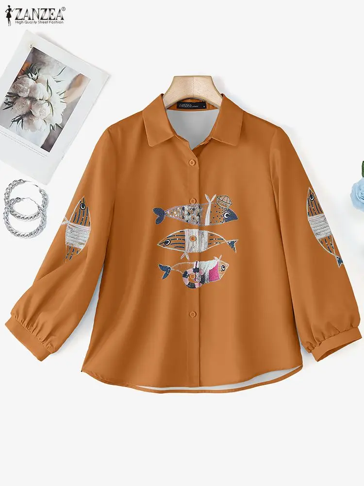 Zanzea mulheres camisas de impressão de peixe lapela 3/4 manga casual solto blusas femininas blusa vintage 2026 moda elegante senhora do escritório blusa