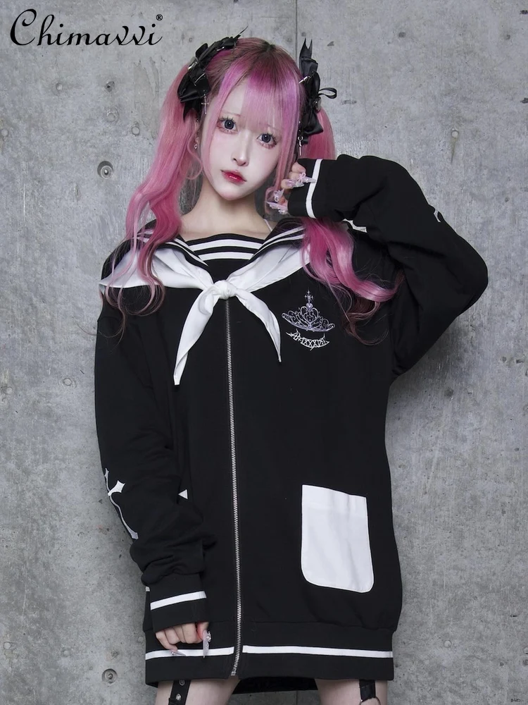 

Japanese Style College Sailor Collar Cross Embroidery Color Block Slim Long Top Autumn New Subculture Long Sleeve Loose Jacket