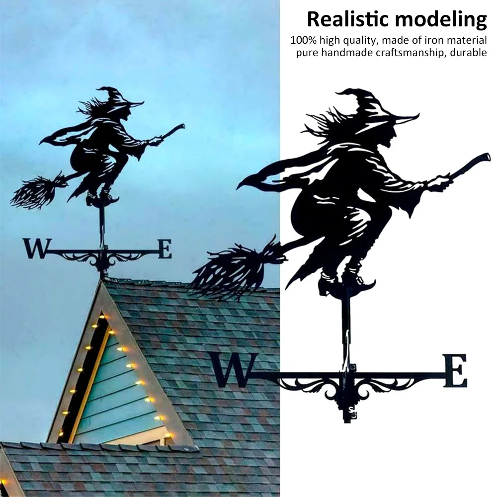 Retro Witch Shape Weathercock Metal Weather Resistant Wind Direction Indicator Creative Weathervane Garden Roof Ornament for