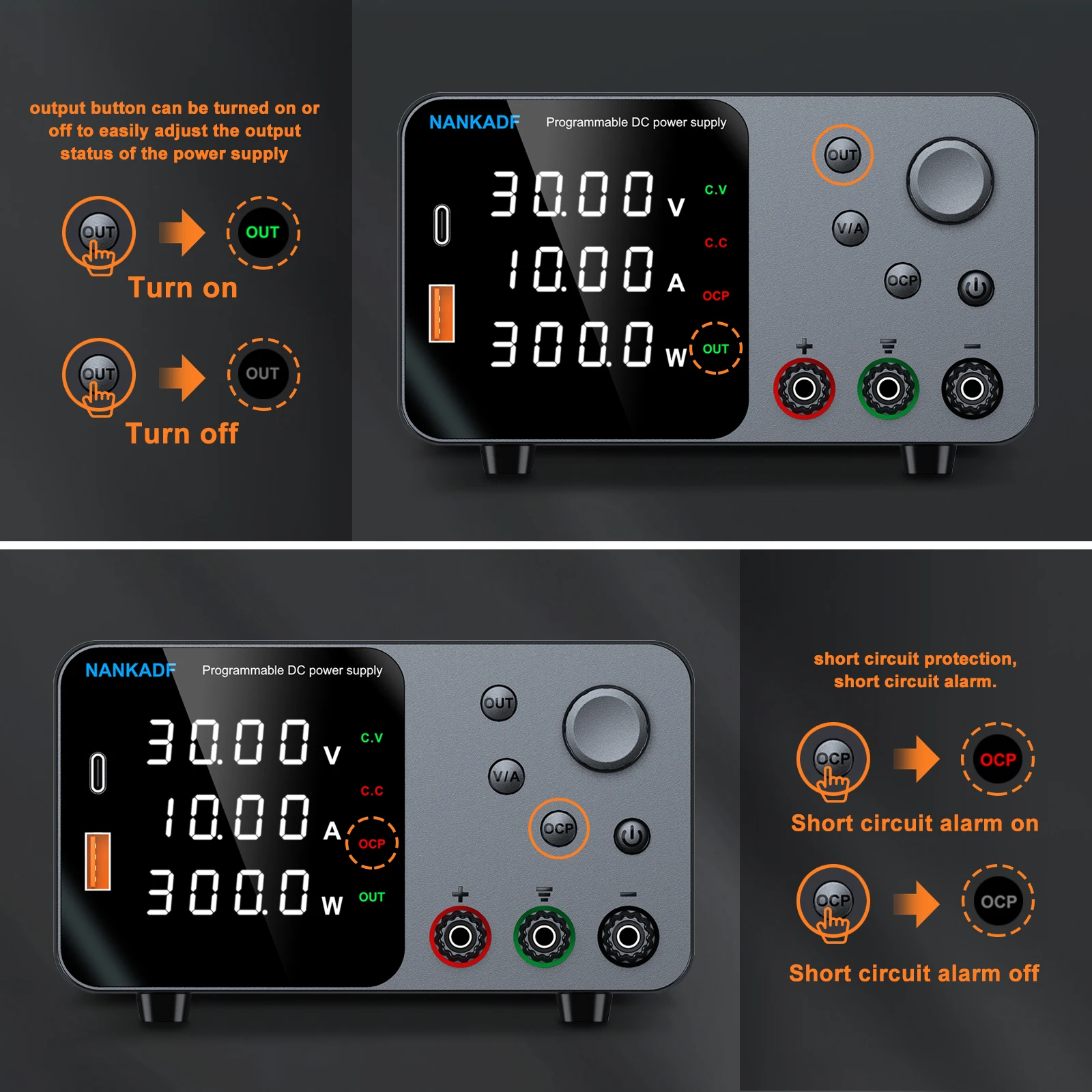 30V 10A Lab Adjustable DC Power Supply with 4-Digit LED Display; USB-A/Type-C 5V/3.6A Fast Charge with Encoder Adjustment