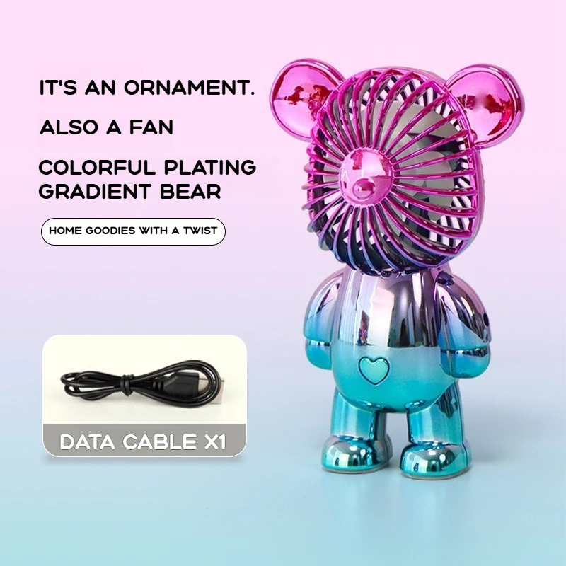 2025 popular cartoon mini violent bear small fan holding a three-speed USB portable rechargeable gradient bear fan
