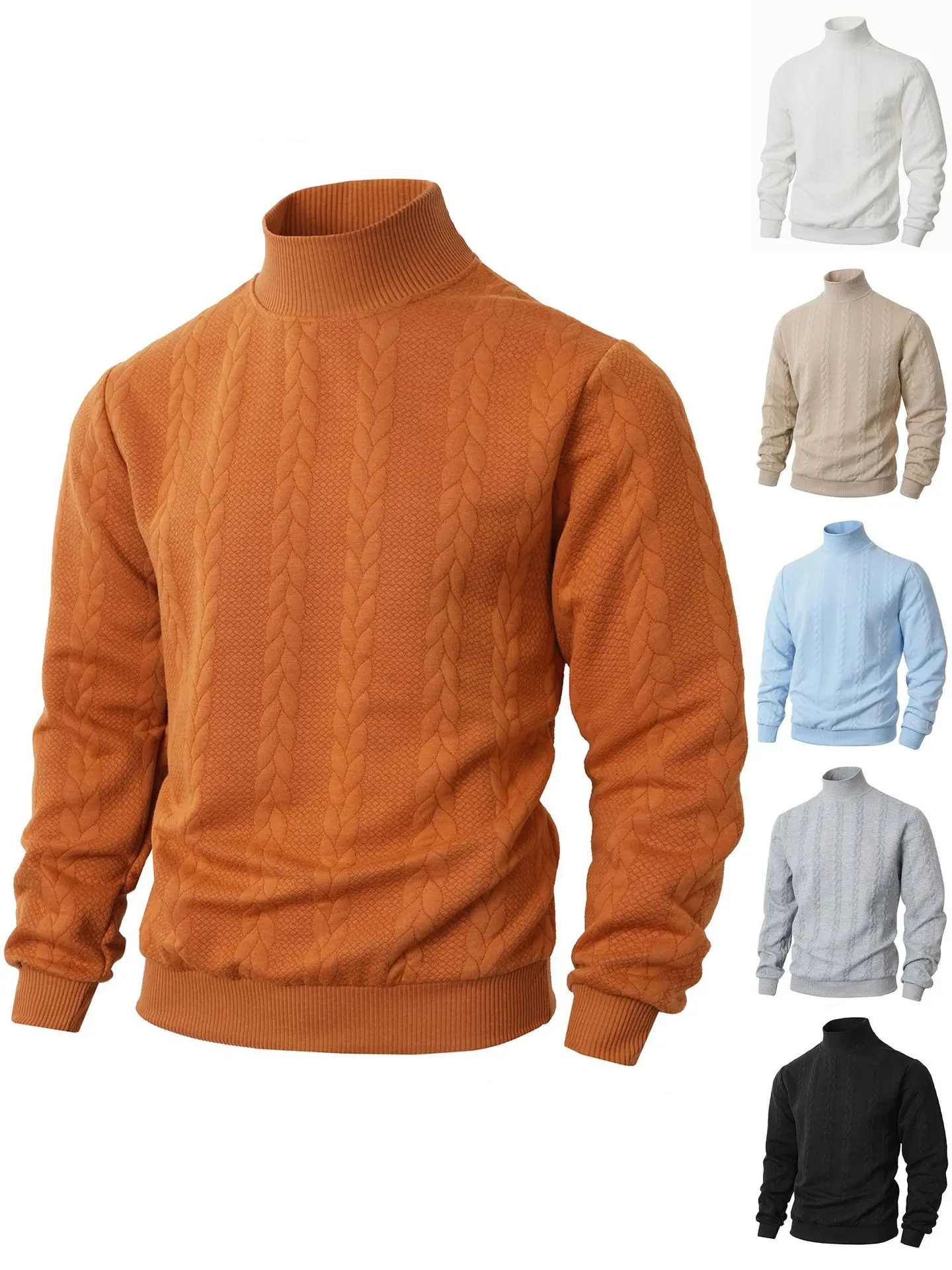 

Solid Color Knitted Pullover Sweater Daily Youth Men's Autumn Winter Fashional Jacquard High Neck Warm Woolen Male Tops