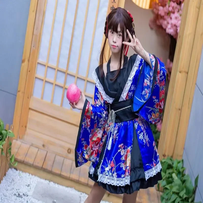 Tradycyjna japońska Lolita Anime przebranie na karnawał Kimono sukienka dla kobiet Sakura Girl Haori strój sceniczny na imprezę