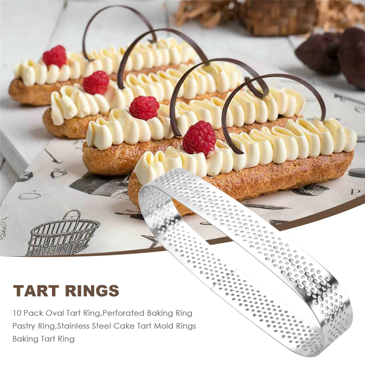 Cincin Tart Oval 10 Pak, cincin panggang berlubang, cincin kue, cincin cetakan Tart kue baja tahan karat, cincin cetakan Tart kue