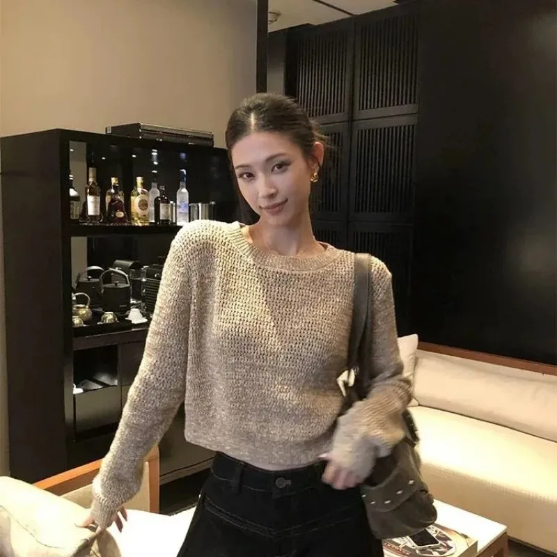 Lazy Style Women Early Autumn Knit Sweater Crew Neck Loose Cropped Long Sleeve Casual Pullover For Petite Figure