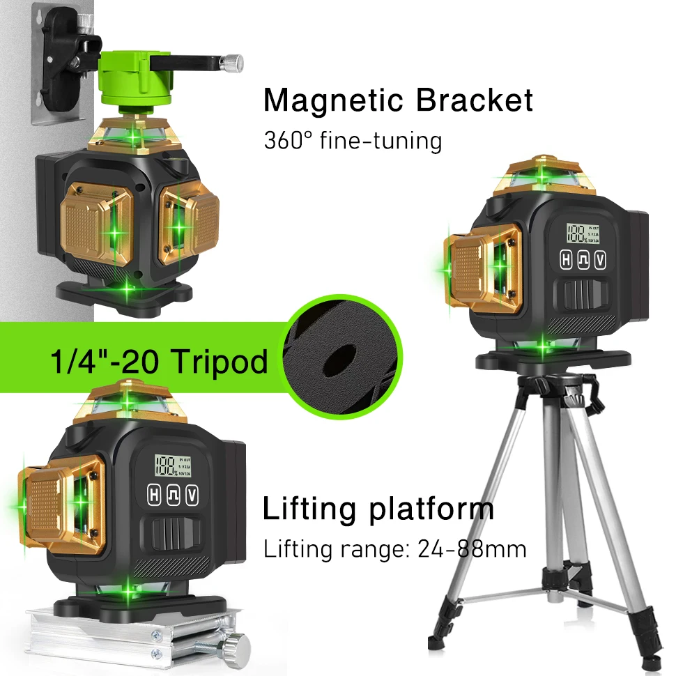 Clubiona 4D 16 lines 360 Self-Leveling Green Laser Levels With 4000mAh Li-ion Battery Remote Control pulse mode Tripod support