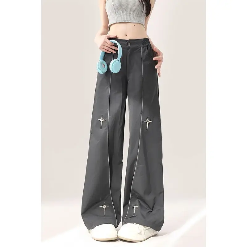 

Gray Sports Pants For Women Summer Thin American Jazz Dance Design Straight Casual Wide Leg Quick-Drying Long Pants