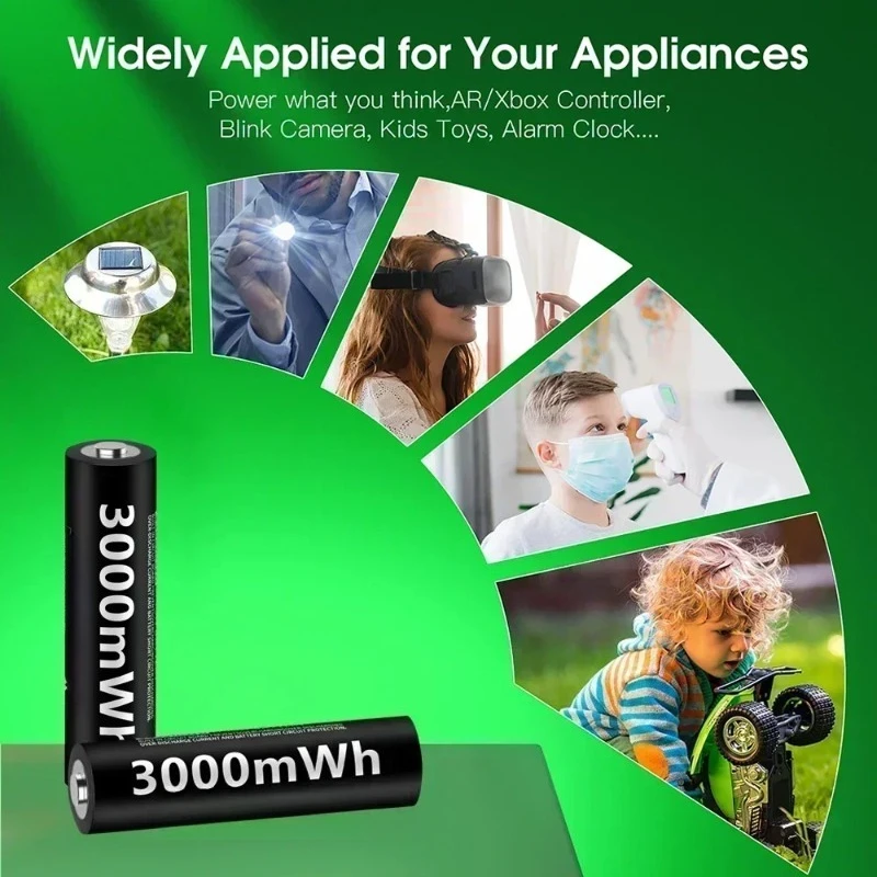 1.5V AAA Battery Rechargeable Li-Ion Battery 3000mWh 2000+ Cycles for Mouse Flashlight Fan Game Machine