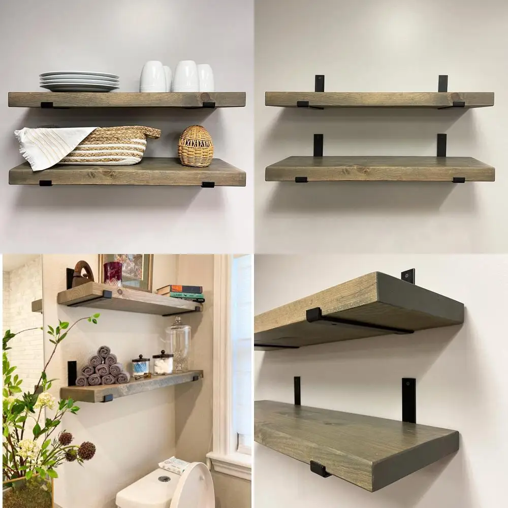 أرفف حائط من الخشب الصلب على الطراز الصناعي، تخزين ديكور ريفي، رفوف مطبخ شديدة التحمل، مجموعة من 2 دعامة J مثبتة