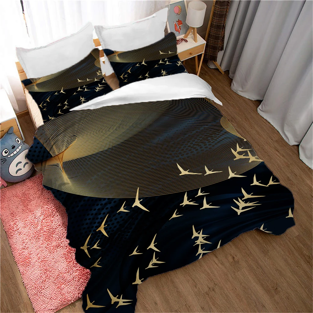 HUANZHUANG Lovers Golden Lines Flying Geese 3 Pieces Duvet Cover Set Fashion Bedding Set Queen Size Bed Boy Girl Comforter Cover