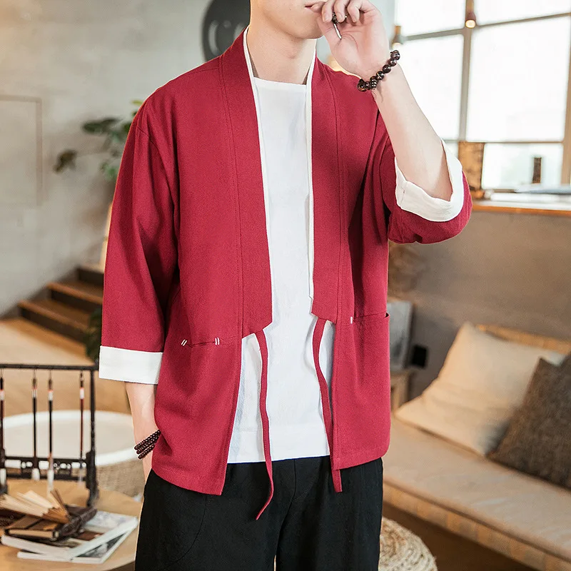 Summer Men's Cotton Kimono Cardigan Outerwear Coats Fashion Streetwear Short Loose Male Jackets Casual Overcoat Clothing