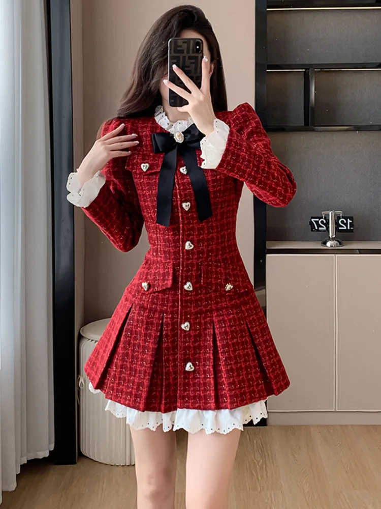 French Light Luxury Tweed Pleated Dress Korean Sweet Long Sleeve Heart-shaped Buckle Ruffle Chic Office Ladies Vintage Dresses