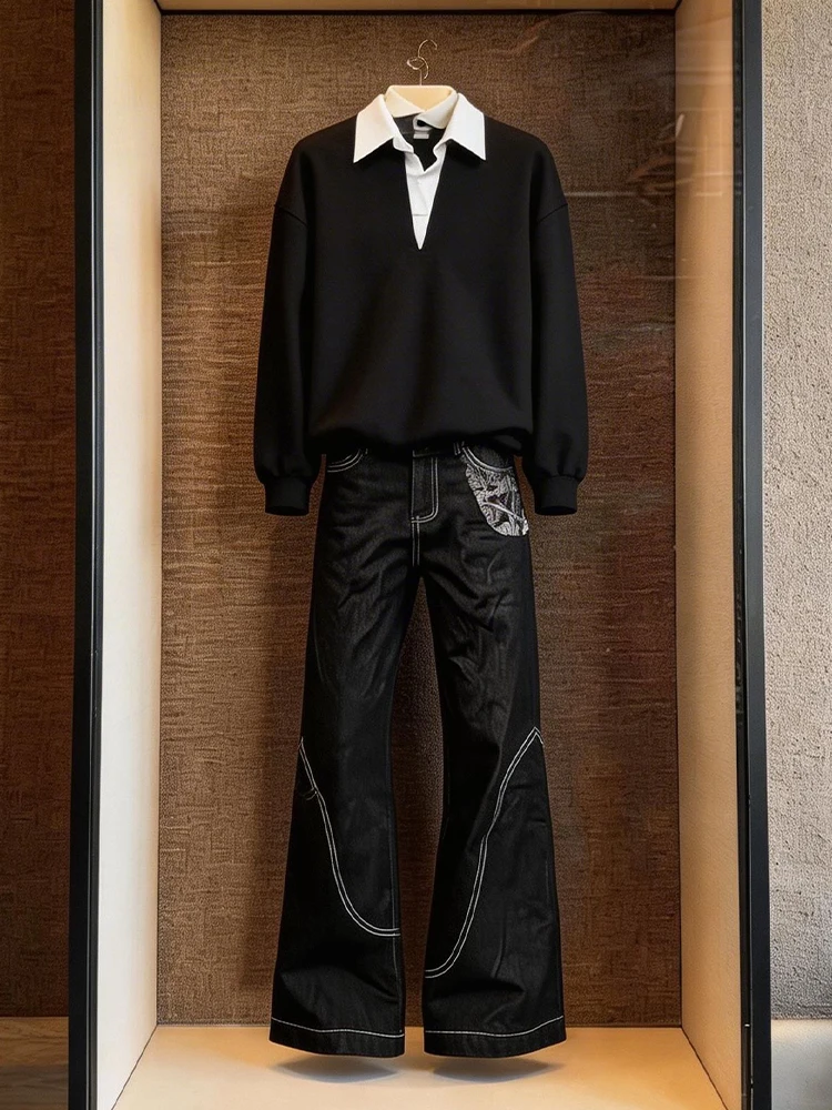 

Американские джинсы с вышивкой в оригинальном цвете, мужские, прямые, расклешенные, в стиле High Street, молодежные, повседневные, модные