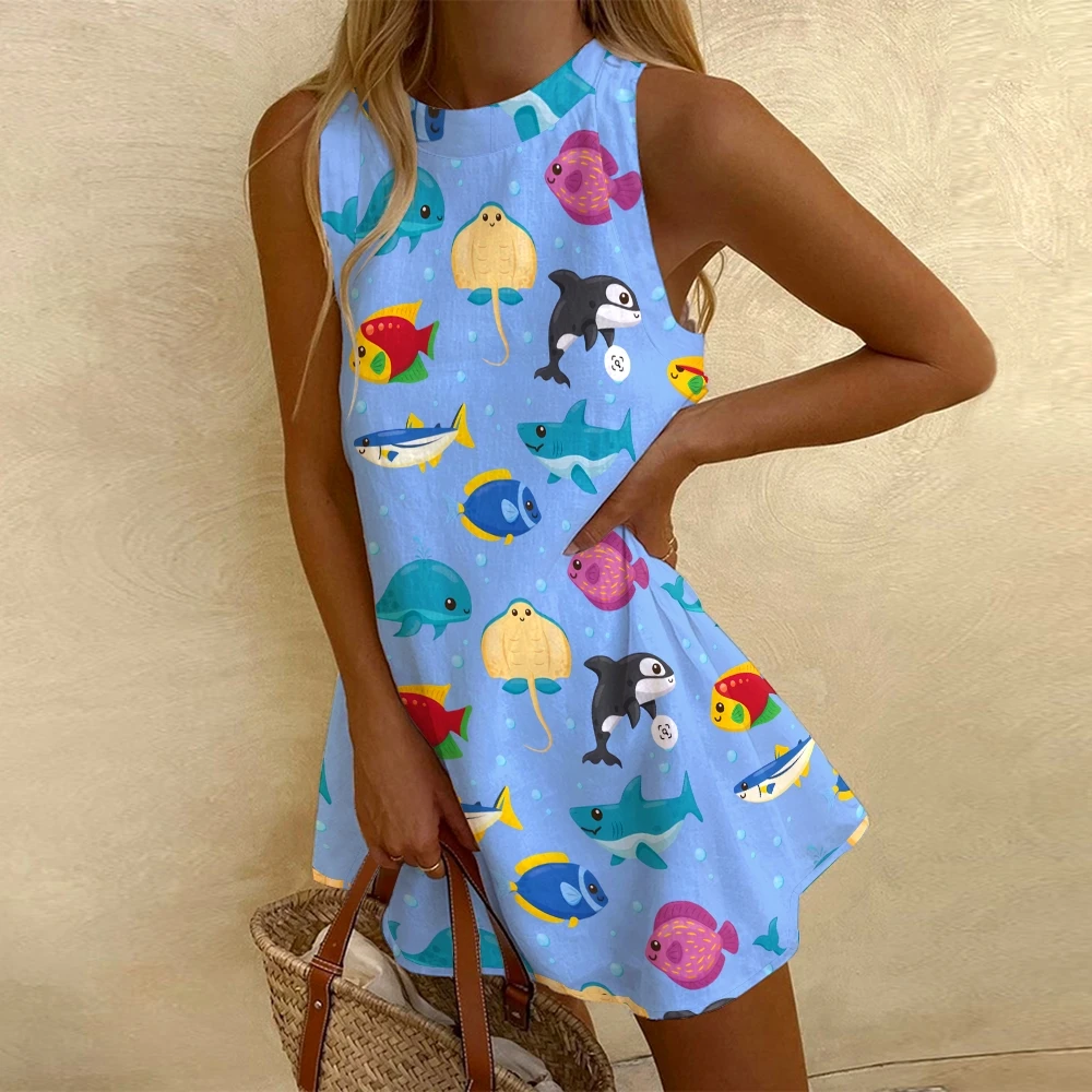 

Women'S Various Marine Fish Prints Casual Round Neck Animal Lovers SunDresses Sleeveless One-Piece Skirt Full Printed Dresse