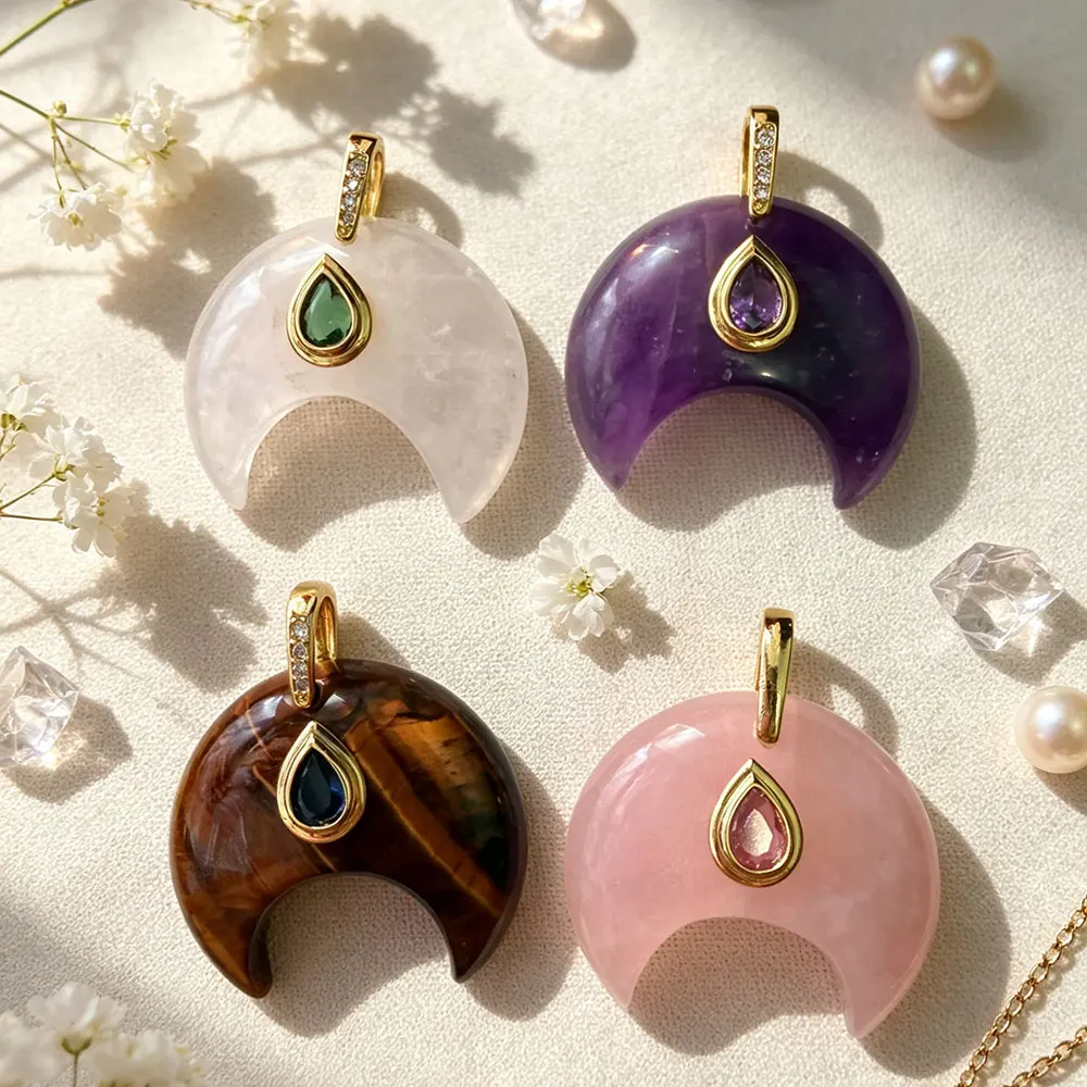 Half Moon Crescent Natural Stone Crystal Pendant for Necklace Jewelry Making Opal Clear Quartz Amethysts Black Obsidian x470