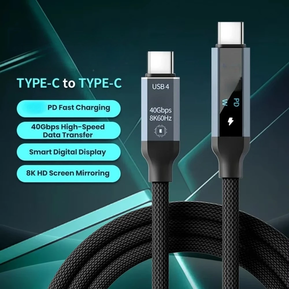 USB 4 Cable With Digital Display PD3.1 Fast Charging Cable 40Gbps High-Speed Data Transfer 8K@60Hz Video USB C to C Braided Cord