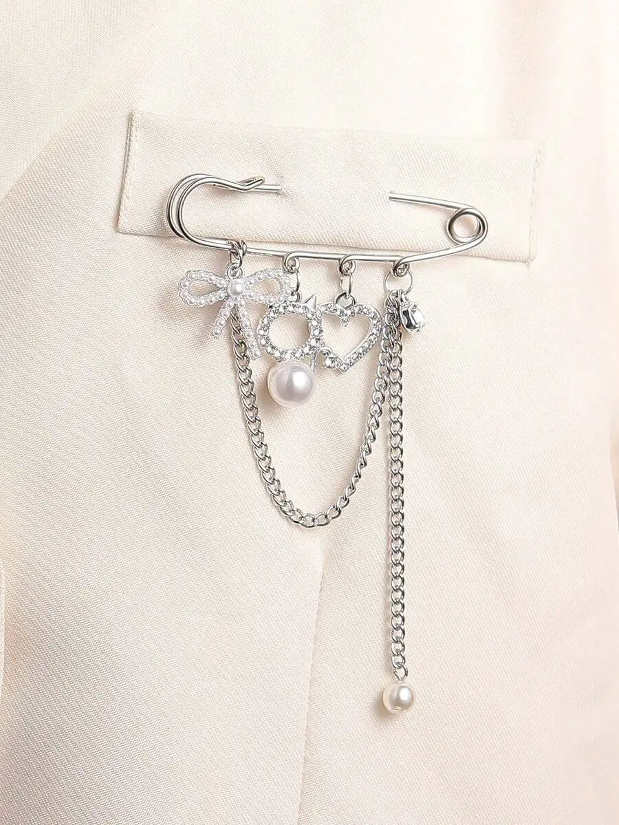 

Elegant Rhinestone Bowknot Heart Pendant Brooch With Pearl Chain For Women Clothing Accessory