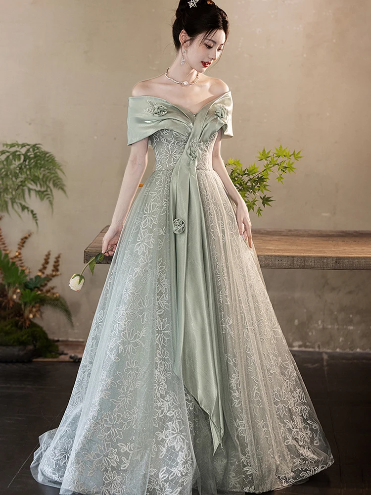

Elegant Off Shoulder Evening Dress For Women Light Luxury Appliques Sleeveless Green Prom Dresses Female Long Tulle Party Gowns